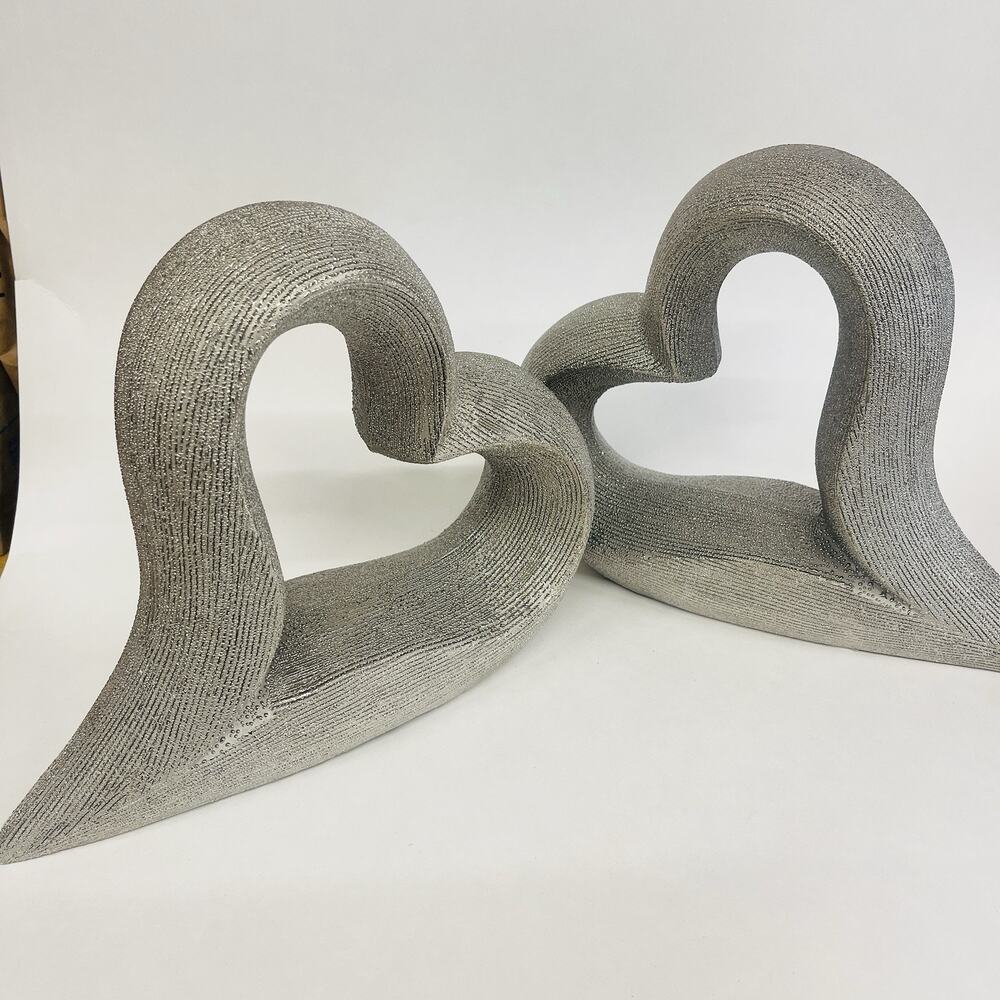 Two Heart Display Sculpture Home Decor Decorative Heavy Tabletop Silver Textured